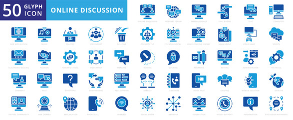 Online discussion icon set of moderator, politic, fashion, music, computer, social media, sport, network, post, text, wireless, technical, connection, information, discussion, video chat, web camera