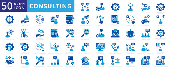 Consulting icon set of scope, creative, business, technology, construction, health, team, idea, university, management, worker, creativity, partnership, employee, manager, service, biotechnology, tax