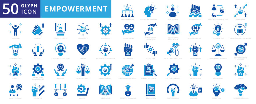 Empowerment icon set of education, growth, learning, support, knowledge, motivation, power, development, legal, process, goal, rights, resources, performance, positive thinking, problem solving, moral