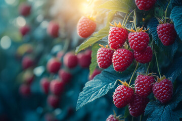 A bush of juicy green contains numerous beautiful ripe raspberries growing