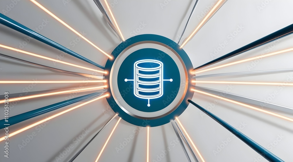 Aufkleber a futuristic graphic depicting a database icon surrounded by radiating lines, symbolizing data flow 