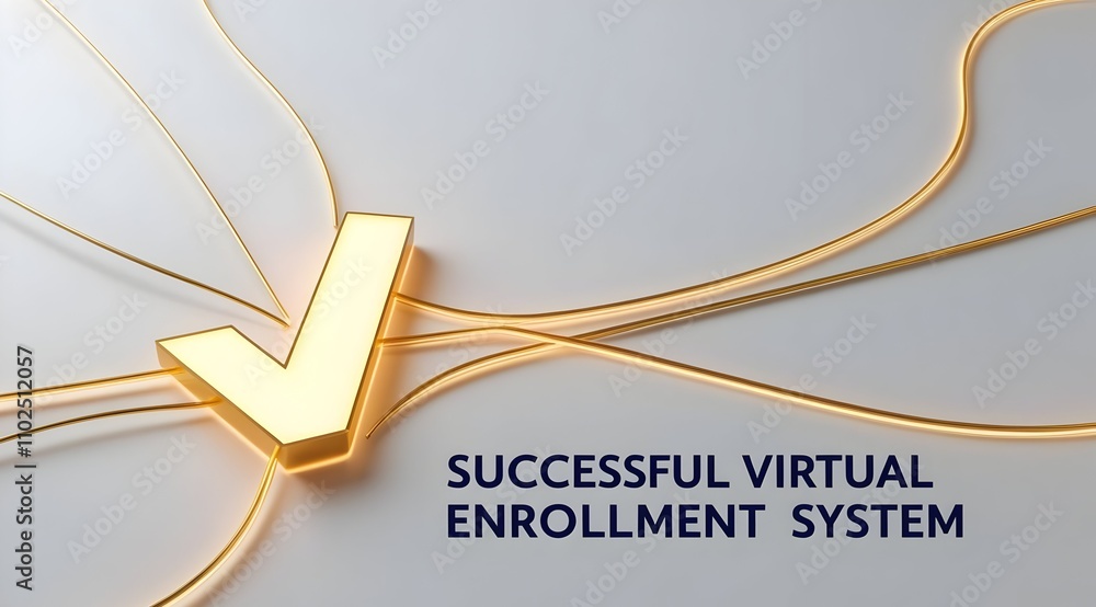 Poster a golden checkmark symbolizes success in a modern virtual enrollment system, connecting various path