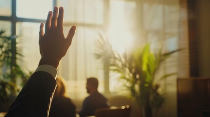Person presenting in a diverse office meeting, hand raised, attentive audience, open-space office with soft ambient lighting