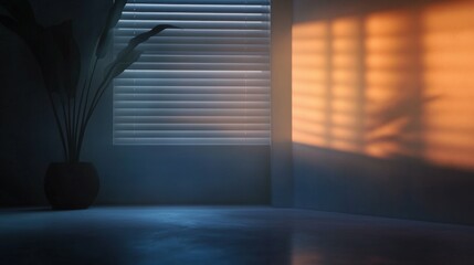 Interior with wooden blinds and soft natural light, warm tones, minimalist modern style,