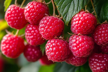 On a bush of juicy green, there are a lot of ripe raspberries that are beautiful and ripe