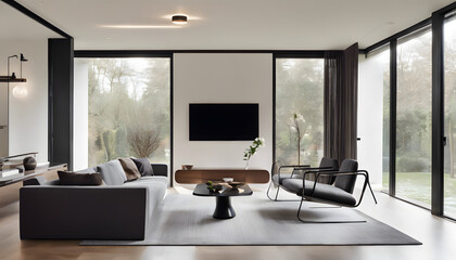 A modern living room with a minimalist design,