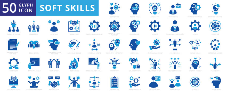 Soft skills icon set of presentation, effective, people, teamwork, training, leadership, creativity, emotional, promotion, time management, language, attitude, multitasking, collaboration, confidence