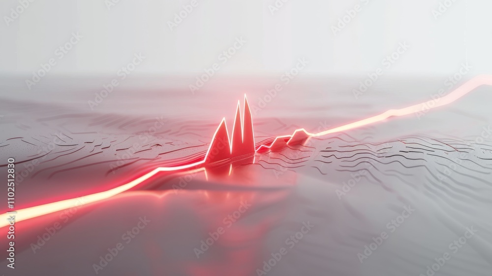 Poster abstract red waveform traveling across a textured grid, featuring glowing accents and dynamic lines,