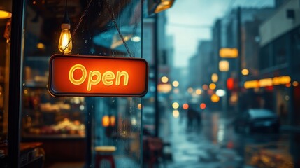 Brightly lit open sign hanging from a window in a city