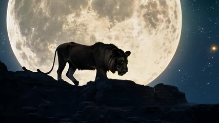 Lion walks across rocky terrain, silhouetted against a bright full moon. The scene captures the essence of wildlife at night, highlighting the beauty and power of this majestic predator
