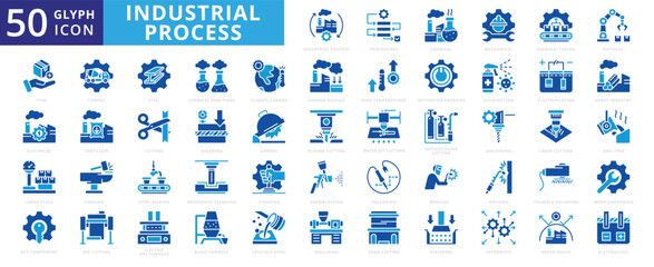 Industrial process icon set with electroplating, steel, laser, icon, cement, manufacturing, chemical, electrical, mechanical, physical, soldering, welding, fertilizer, disinfection, and machining