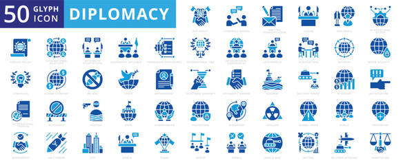 Diplomacy icon set with city, network, leader, economic, speech, peace, international relations, migration, world war, preventive, nuclear, protection, method, global economy, arbitration, appeasement