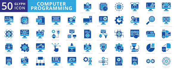 Computer programming icon set with building, hardware, computing, cpu, usability, efficiency, analysis, designing, function, software, development, prototyping, decomposition, source code, engineering