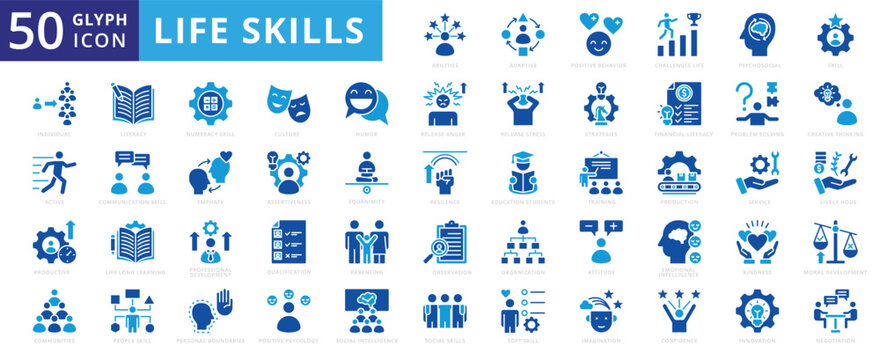 Life skills icon set with individual, culture, observation, psycho social, communities, innovation, training, service, imagination, parenting, attitude, production, active, literacy, confidence, humor