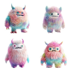 Fototapeta premium 3D Cute Furry Monster Set on Transparent Background