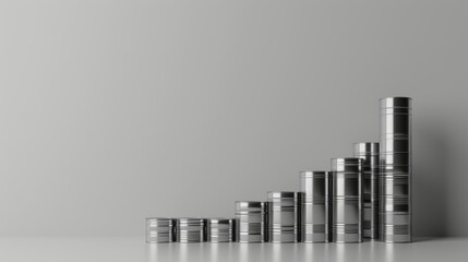 A minimalist composition featuring silver coins neatly stacked in ascending order on a clean, light grey background, symbolizing growth and financial success. AI generated.