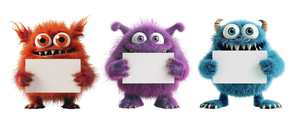3D Cute Monster Holding Blank Card on Transparent Background