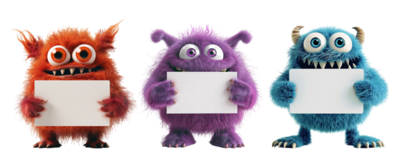 3D Cute Monster Holding Blank Card on Transparent Background