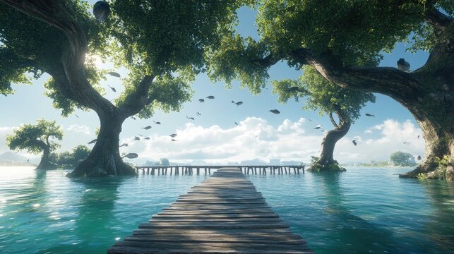 Wooden pier extending into tranquil turquoise lake under lush green trees, with flying birds and a sunny sky.