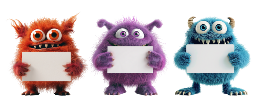 3D Cute Monster Holding Blank Card on Transparent Background