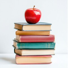 Colorful Books with Apple on Bright Studio Background