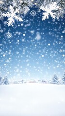 Snow falls gently over a quiet town, transforming the landscape into a winter wonderland under a soft, light blue sky