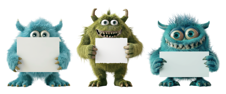 3D Cute Monsters Holding Blank Card Set on Transparent Background