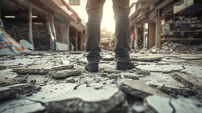 A close-up shot of a man's legs standing on cracked pavement, emphasizing the aftermath of urban destruction. The scene conveys resilience amid devastation in a dystopian setting. AI generated.