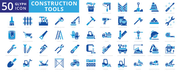 Construction tools icon set with paint, truck, crane, hammer, spanner, pliers, fence, bulldozer, axe, bricks, shovel, wheelbarrow, forklift, gloves, loader, scaffolding, bucket, concrete mixer, saw