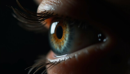 A close up of a hazel eye  showcasing intricate details of iris  pupil  and eyelashes.