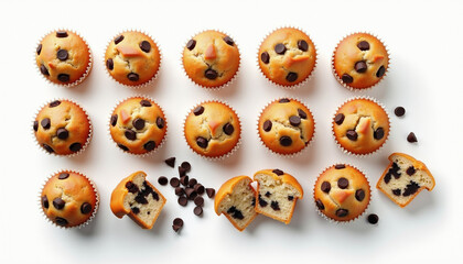 Obraz premium Delicious chocolate chip muffins displayed on white background.