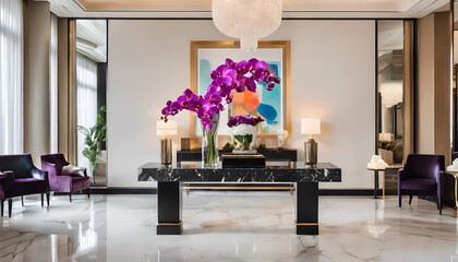 A chic hotel lobby with polished marble floors, 