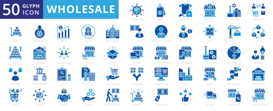 Wholesale icon set with resale, merchandise, bulk, business, sale, farm, delivery, internet, factory, profit, commercial, industrial, goods, consumer, investor, broker, tax, service, product, market