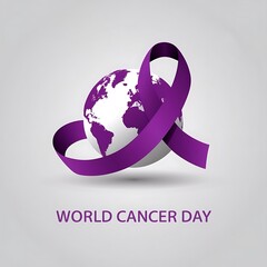 World Cancer Day awareness design with a purple ribbon and globe illustration

