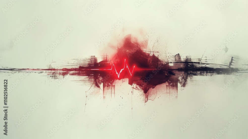 Poster a minimalistic abstract heart pulse design with a central glowing red light effect, creating a drama