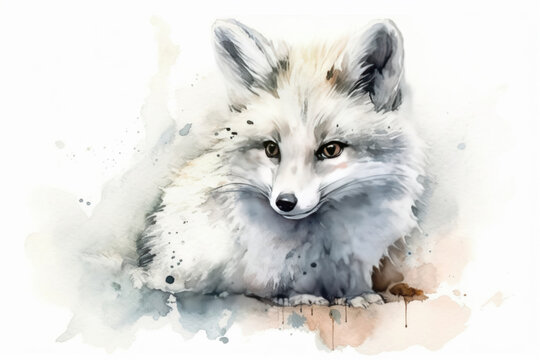 cute white fox watercolor illustration., watercolor style,  