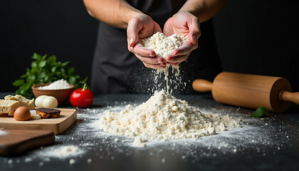A baker's hands pouring flour onto a dark surface  preparing for baking.