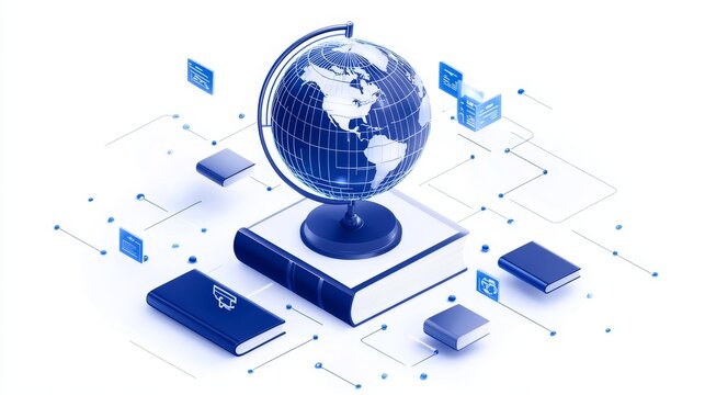 Language learning service, globe, books, interactive digital tools, engaging environment