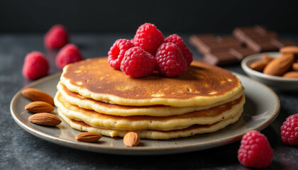 A stack of fluffy pancakes topped with fresh raspberries and served with almonds and chocolate.