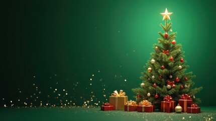 Fototapeta premium Green Christmas Tree With Shiny Red And Gold Baubles And Gifts