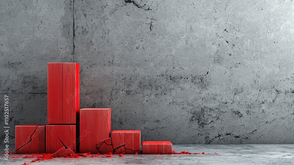 Poster cracked red blocks arranged against a weathered concrete wall evoke a sense of deconstruction and de