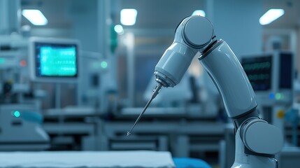 A robotic arm in a medical environment, poised to assist in surgical procedures, highlighting advancements in healthcare technology.