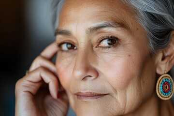 A close-up view of a mature woman showcasing her expressive eyes and detailed features, adorned with beautiful earrings, highlighting wisdom and life experience.