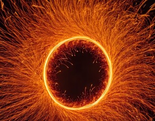 Spirals of flames create dynamic light trails in a darkened environment during a fire performance