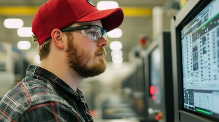 A focused worker in a cap and goggles operates machinery while analyzing data on a computer screen in a modern industrial setting.