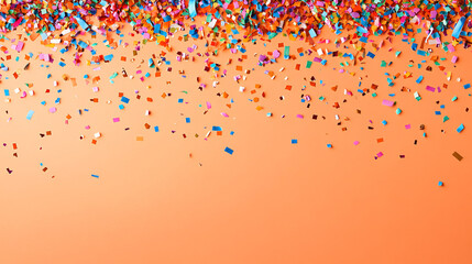 A vibrant scatter of colorful confetti against a soft orange background, perfect for celebrations and festive occasions.