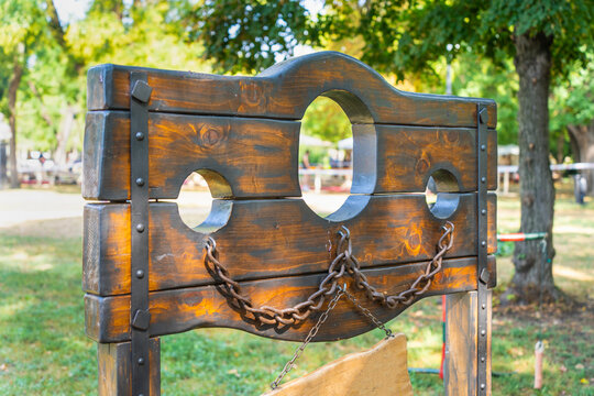 Medieval wooden pillory in a park