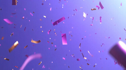 Colorful confetti falls against a vibrant purple background, creating a festive and celebratory atmosphere.