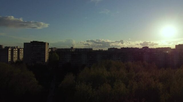 Aerial View of City Skyline at Sunset