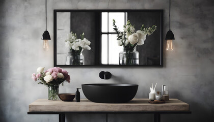 An industrial-inspired bathroom featuring concrete, led light